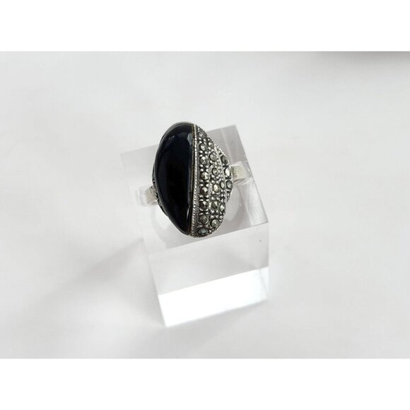 Sterling Silver Black Onyx & Marcasite Yin Yang Vintage Art Deco Ring - sz 7.75 - Picture 7 of 9